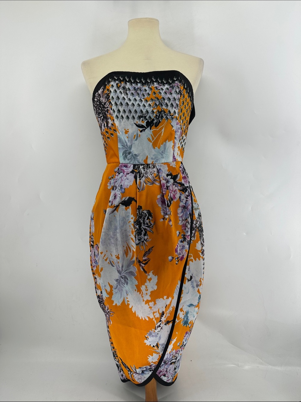 Send Offer Sheike Strapless Floral Print Tulip Draped Dress